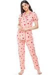 ZEYO Women's Cotton Heart Printed Pink Night Suit Shirt & Pajama Set 5250 (Large)