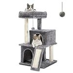 PETEPELA Cat Tree 86cm Cat Tower with Double Condos, Removable Spacious Perch, Fully Wrapped Scratching Sisal Posts, Replaceable Dangling Balls, 35 Inches Grey