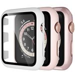 Dirrelo 3 Pack PC Case Compatible with Apple Watch 38mm Series 3/2/1 Tempered Glass Screen Protector, Full Cover All-Around HD Protective Bumper Case for iwatch 3/2/1, White/Pink/Rose gold