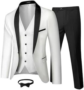 YND Men's 3 Piece Slim Fit Tuxedo Suit Set, One Button Shawl Collar Solid Business Blazer Jacket Vest Pants with Bow Tie, Black Collar White