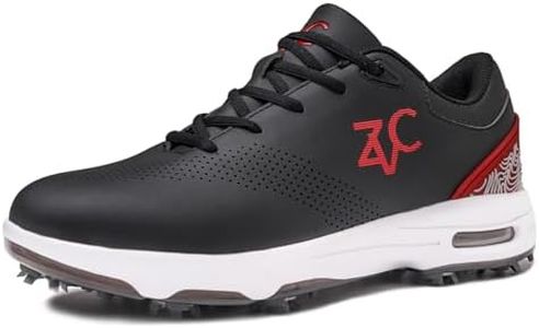 ZVC Golf Shoes Men with Spikes Non-Slip Water-Resistant Lightweight Breathable Professional Spiked Footwear Outdoor, Black/Red, 10.5