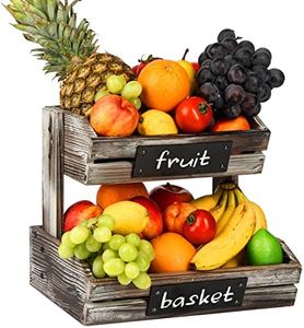 JACKCUBE DESIGN 2 Tier Fruit Basket Holder, Rustic Wood Fruit Bowl Stand Kitchen Counter Storage with Chalkboard for Bread, Snack, Banana Organizer- MK568A