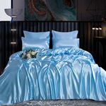 ROOEE Satin Silk Complete Bedding Set - 6 PCS - Fitted sheet, Duvet Cover, 4 Pillow Cases. Color - Sky Size - Double