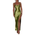 FeMereina Women Summer Sexy Cowl Neck Spaghetti Strap Sleeveless Long Satin Dress Slit Club Slip Maxi Dress Wedding Guest Cocktail Midi Dresses (Green, M)