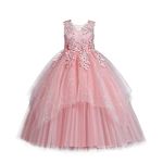 LOLANTA First Communion Dress for Girls Kids Tulle Princess Long Dresses Girls Ball Gown Girls Vestidos Lace Embroidery with Bowknot (5-6 Pink)