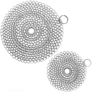 ONEEKK Cast Iron Skillet Cleaner Chainmail,2 Pack Premium Stainless Steel Chain Maille Scrubber for Cast Iron Pans,Stainless Steel,Glassware(7IN &5IN Round)