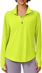 PINSPARK Workout Shirts Women Long Sleeve UPF 50+ Running Hiking Athletic Tops Lightweight Side Slit Rash Guard Shirts Loose Fit,Neon Green M