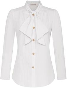 Belle Poque Blusa de Manga Larga con Botones para Mujer, Estilo Vintage, Pajarita Texturizada, Blusa para Oficina, Trabajo, Blanco, S