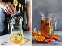 Finster Premium Water and Juice Glass Jug with Lid (Set of 2-1.3 Liter), Hot Cold Water Pitcher Jug for Dining Table, Iced Tea, Milk and Juice Beverage Carafe, Lemon Jug.