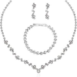 AWAVM Parure de bijoux de mariée pour mariage, bal de fin d'année, collier ras du cou, bracelet, boucles d'oreilles pendantes pour mariée, femmes et filles, Métal