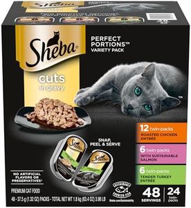 SHEBA Perfect Portions Cuts in Gravy Wet Cat Food Trays, Roasted Chicken, Gourmet Salmon and Tender Turkey Entrée Variety Pack, Easy Peel Twin-Pack Trays, 1.32 Ounce (Pack of 48)