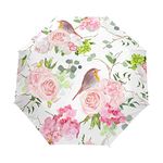 Jeansame Rose Peony Robin Birds Floral Flowers Spring Folding Compact Umbrella Automatic Rain Umbrellas for Women Men Kid Boy Girl