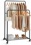 SONGMICS Double-Rod Clothes Rack with Wheels, Metal Clothing Rack for Hanging Clothes, Garment Rack with Mesh Shelf, Each Rod Holds up to 66 lb, for Bags, Shoes, Storage Boxes, Black UHSR26BKV1