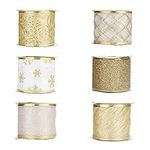 BELLE VOUS Christmas Ribbon (6 Pack) - 5.5 M x 63mm Wide Wired Gold Organza Ribbon in Assorted Designs - Decorative Christmas Tree Ribbons for Xmas Party Christmas Tree Decoration Bows Gift Wrap