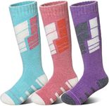 SeeyAN Kids Merino Wool Ski Socks Boys Girls Thermal Warm Boot Thick Winter 3 Pairs Cozy Socks For Skiing & Snowboarding (Pink/Green/Purple, 13-15 Years)