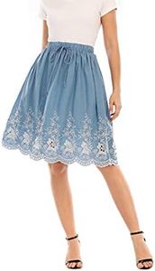 Love Welove Fashion Women's Summer Cotton A-line Flared Embroidered Knee Length with Lining Knee Length Skirt (L, Jeans Blue)