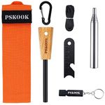 PSKOOK Fire Starter Kit Bushcraft Fire Steel Premium Magnesium Ferrocium Rod Firesteel - Includes Flint Striker Multi Tool & Wooden Handle, Pocket Bellow, Double tube whistle Camping Survival Kit