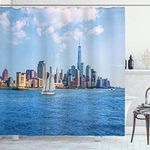 ABAKUHAUS Sailboat Shower Curtain, Manhattan Skyline New York Sunshine USA Clear Sky Tower Skyscraper Photography, Cloth Fabric Bathroom Decor Set with Hooks, 70 Inches, Blue Grey