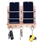 BeeDuck® Wooden Double Mobile and Keys Hook Holder Stand for Mobile Charging, TV & AC Remote Holding and Keys Hanging at Home, Office, Bedroom, Hotel Wall Mount Multipurpose Stand