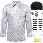 16 Pcs Men's 70s Disco Costumes Shiny Disco Outfit Shirts Halloween Wigs Necklace Mustaches Sunglasses (White, Black, Medium)