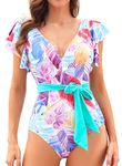 Binlowis Deep V Neck Flounce One Piece Swimsuit Ladies Floral Print Plunging Beachwear Bathing Suit, Print2005, Medium