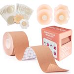 Huvgim Boob Tape Kit - Body Tape for Breast Lift, Reusable Sticky Bra Adhesive Silicone Nipple Covers Sweat-Proof BoobTape(2 in) Dark beige