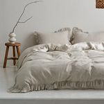 Simple&Opulence 100% Washed French Linen Duvet Cover Set-104''x92'' King Size-3 Pieces Vintage Ruffled Farmhouse Bedding 1 Comforter Cover 2 Pillowshams High End Floral Frill Flax Sets,Natural Linen