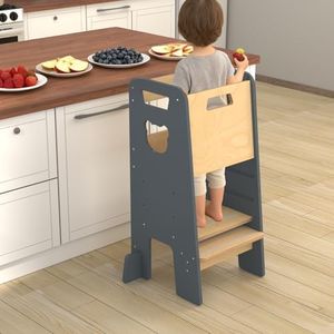 Toddler Kitchen Step Stool Helper with Safety Rails Adjustable Height Wooden Toddler Standing Tower Toddlers Tower Kitchen Helper – Montessori Kids Kitchen Stool with Anti-Tip Design & Non-Slip Steps