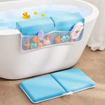 ILPEOD Baby Bath Kneeler and Elbow Rest Pad Set,Baby Bathtub Mat for Newborn Essentials Must Haves,Kneeling Pad with Soft Memory Foam and Bath Toy Organizer,Silicone Brush Bath Sponge,Blue