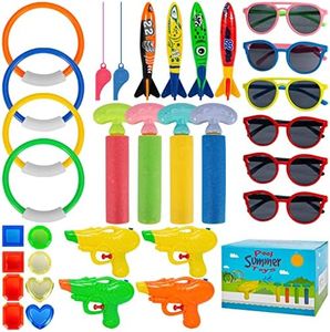 32 Pcs Pool Dive Toys Set - Pool Diving Toys for Kids with Water Guns, Sunglasses, Whistle, and Dive Sticks