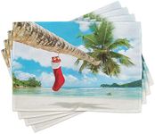 Ambesonne Christmas Place Mats Set of 4, Sock on The Palm Tree on Tropical Sandy Beach Island Maldives Design, Washable Fabric Placemats for Dining Table, Standard Size, Red Green