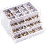 Lolalet Jewelry Organizer Box with Drawers, Clear Acrylic Stackable Jewelry Holder with Adjustable Velvet Trays, Earring Necklace Ring Storage Case for Women Girls -Grey, 4 Layers