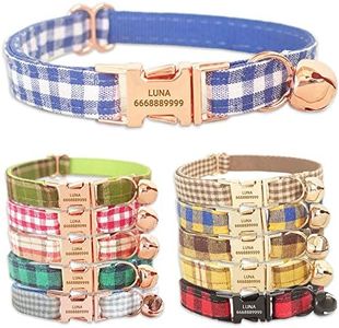 PETDURO Handmade Personalized Plaid Cat Collars with Bell & Name Engraved Metal Buckle Customized for Cute Girl and Boy Cats - Matching Bow Tie Available (L, Blue White Plaid Rose Gold Buckle)