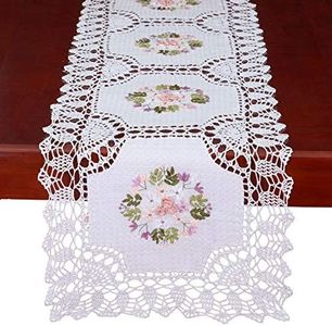 Grelucgo Handmade Crochet Cotton Lace Table Runner Dresser Scarf, Ribbon Embroidery (17 x 72 inches)