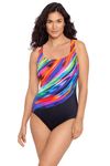 Reebok Women's Swimwear Glowing Strong Scoop Neck Soft Cup One Piece Swimsuit, Multi Glowing, 14