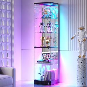 HNEBC 6-Tier Shelf with Glass Door, LED Display Case with RGB Lights& Motion Sensor, Lockable Curio Cabinet for Collectibles,Bookcase,Lego China Cabinet-Black