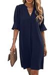 Famulily Women Fashion V-Neck Loose Fit Comfy Dress Short Bell Sleeve Work Dresses Navy Blue XXL