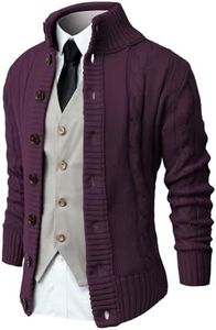NITAGUT Mens Long Sleeve Stand Collar Cardigan Sweaters Button Down Cable Knitted Sweater，Purple Red，XX-Large