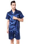 TONY AND CANDICE Men's Short Sleeve Satin Pajama Set with Shorts (Navy Blue with White Piping, Large)