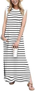 GRECERELLE Women Summer Petite Round Neck Loose Split Casual Maxi Dress with Pockets (White Black Strip, X-Small)