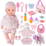 deAO Baby Doll Accessories Set 20 Pcs, Baby Feeding Accessories, Doll Clothes, Bottle Pacifier, Pink Long Sleeve + Trousers + Hat + Socks for New Born Baby Dolls 35-43cm (Doll Not Include)