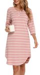 Vlazom Women’s Nightdresses Soft Cotton Nightshirt Stripe 3/4 Sleeve Sleep Dress Sleepwear with Pockets, Pink,M