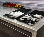 Hob Cover Induction Electric Cooker Chopping Board Glass Set 2 Parts White Lotus on The Black Background (2X Wide 30 x Height 52/cm)
