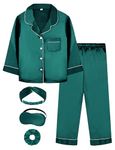 EPLAZA Kids Satin Pajamas Sets Girls Boys Button-Down Silky Pajamas Sleepwear with Hairband Eye Mask Hair Tie (Dark Green, 130)