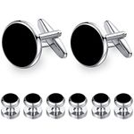 Honey Bear 6pcs Set Cufflinks and Studs -Silver, Black Onyx, for Men Shirts Tuxedo Wedding Gift