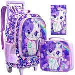 3PCS Rolling Backpack for Girls and Boys， Kids Unicorn Dinosaur Wheeled Bookbag, Cat Purple, One Size, Backpack