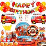 Fire Truck Birthday Party Supplies-155pcs Fire Truck Party Decorations&Tableware,Fire Truck Balloon Banner Plate Napkin etc Fire Truck Birthday Decorations for Boys Kids Firefighter Anniversaire Fete