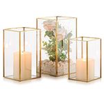 Nuptio Hurricane Candle Holder Glass - Set of 3 Decorative Candle Lantern for Pillar, Tempered Glass Candleholder Outdoor for Wedding Christmas Halloween Living Room Tabletop Fireplace Home Decor Gold