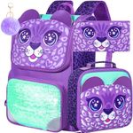 3PCS Girls Backpack, 15" Sequin Bookbag with Lunch Box, Kids Preschool School Bag for Elementary Toddler Students - Purple Leopard