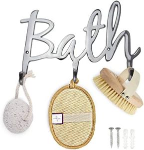 Comfify Modern Style “Bath” Wall Mount Towel Holder and Robe Hook Hand-Cast Aluminum Bathroom Hanger Decor w/ 3 Hooks for Towels, Robes, Clothing | Includes Screws and Anchors | Silver Color